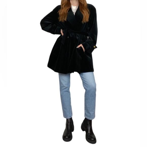 Vintage 70s Black Faux Velvet Oversized Large Peacoat Style Winter Jacket Coat - Picture 2 of 11